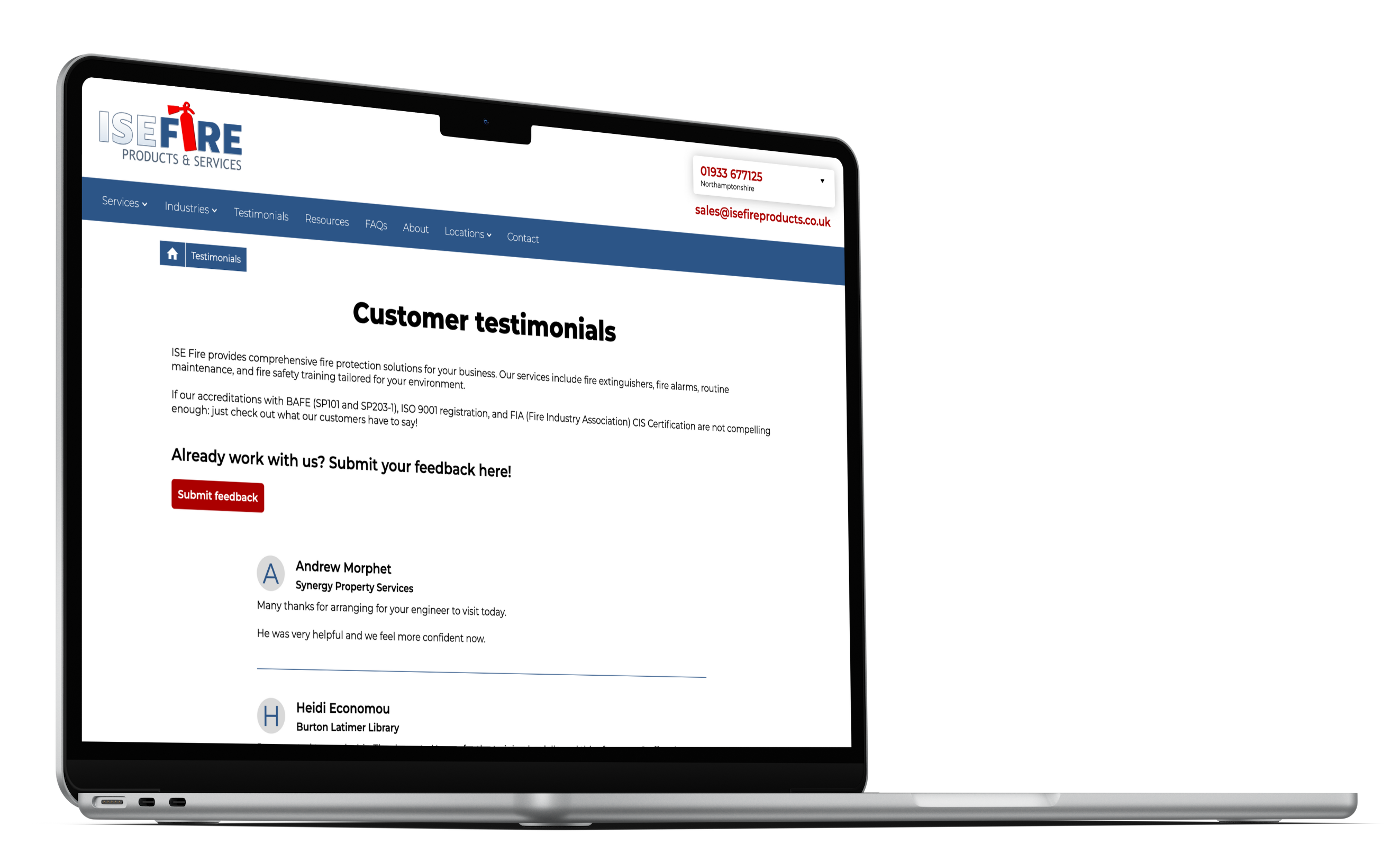 Ise fire testimonials on desktop.